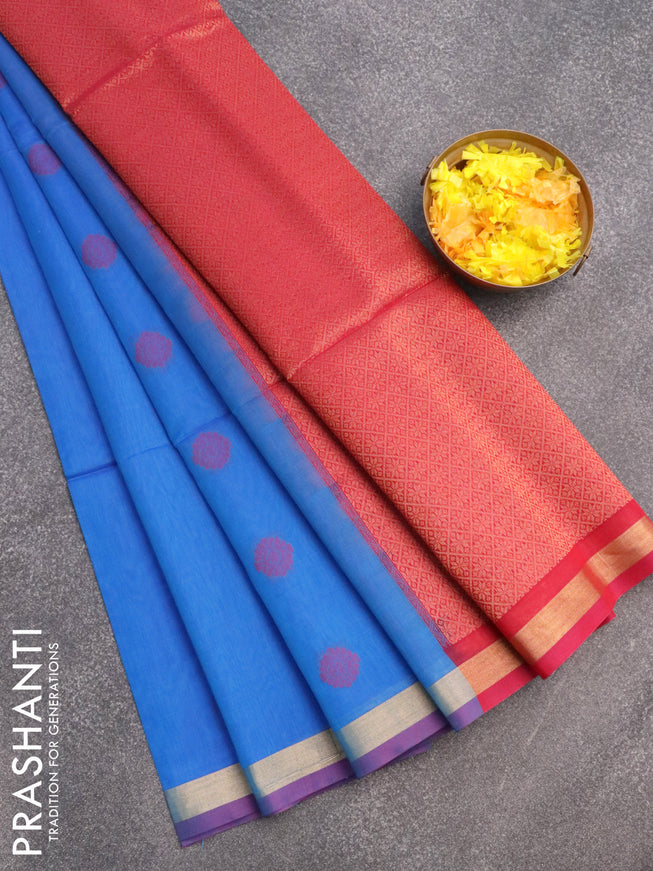 Kora silk cotton saree blue and reddish pink with thread & zari woven buttas and zari woven border