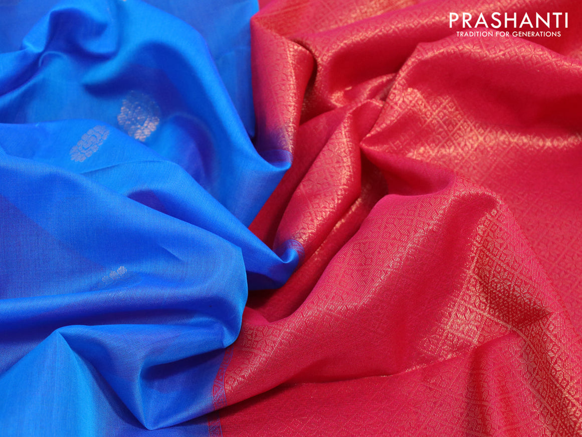 Kora silk cotton saree blue and reddish pink with thread & zari woven buttas and zari woven border
