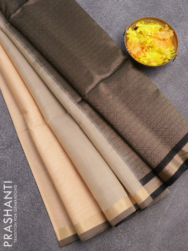 Kora silk cotton saree sandal and black with thread & zari woven buttas and zari woven border