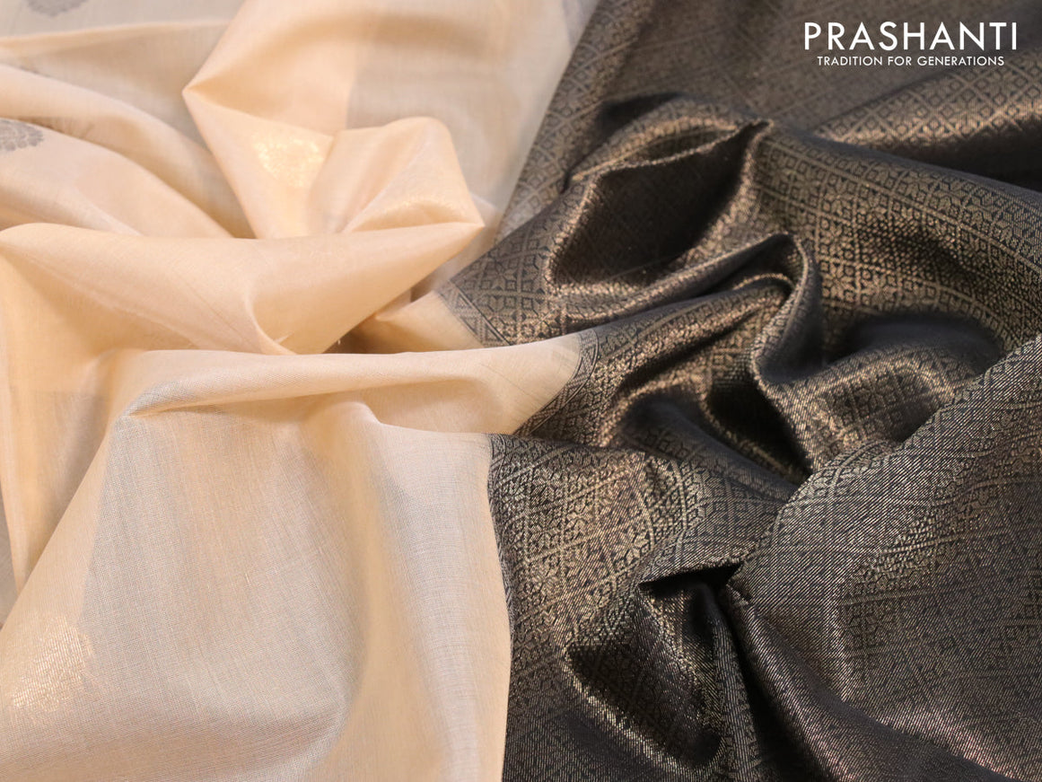 Kora silk cotton saree sandal and black with thread & zari woven buttas and zari woven border