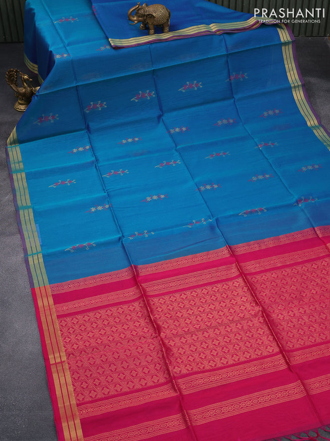 Kora silk cotton saree dual shade of blue and pink with floral thread & zari woven buttas and zari woven border