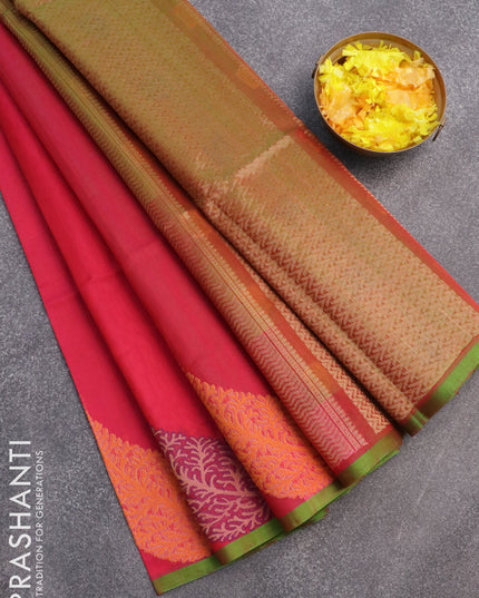 Kora silk cotton saree pink and green with plain body and zari woven leaf design border