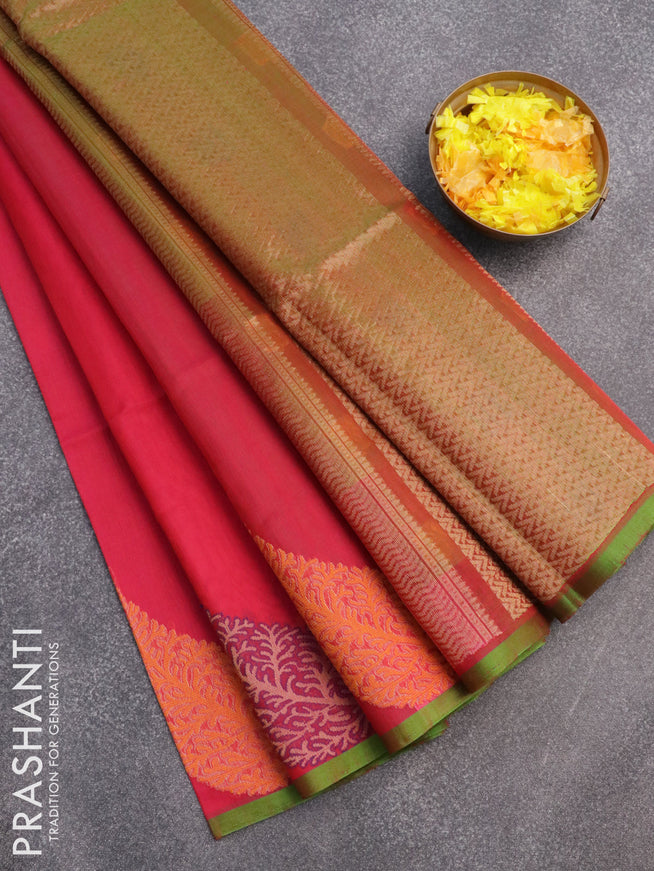 Kora silk cotton saree pink and green with plain body and zari woven leaf design border