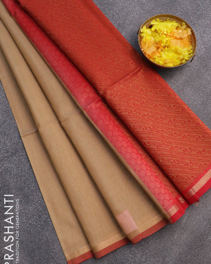 Kora silk cotton saree sandal and maroon with woven buttas and zari woven piping border