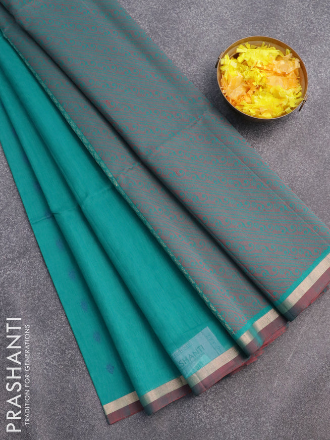 Kora silk cotton saree teal blue and maroon with thread & zari woven butta weaves and zari woven piping border