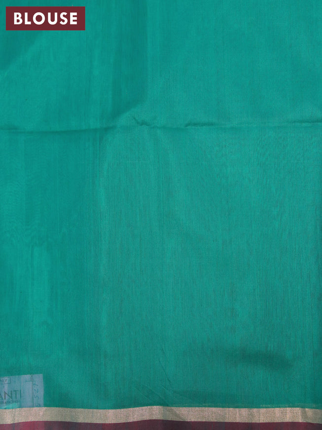 Kora silk cotton saree teal blue and maroon with thread & zari woven butta weaves and zari woven piping border