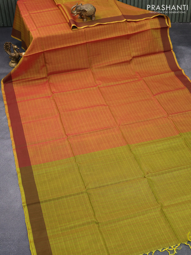 Kora silk cotton saree dual shade of yellow with plain body and simple border