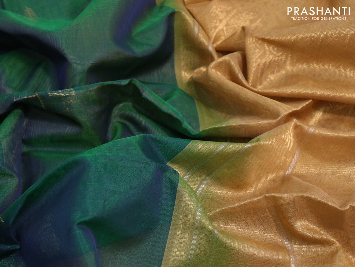 Kora silk cotton saree dual sahde of green and sandal with silver & gold zari woven buttas and zari woven border