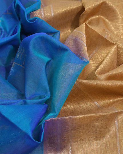 Kora silk cotton saree dual shade of blue and sandal with silver & gold zari woven buttas and zari woven border