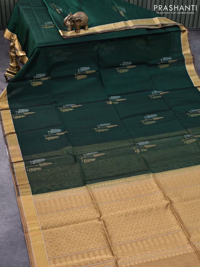 Kora silk cotton saree drak green and sandal with silver & gold zari woven buttas and zari woven border