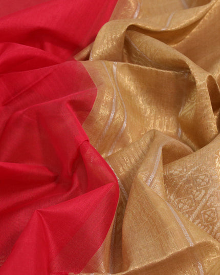 Kora silk cotton saree red and sandal with silver & gold zari woven buttas and zari woven border