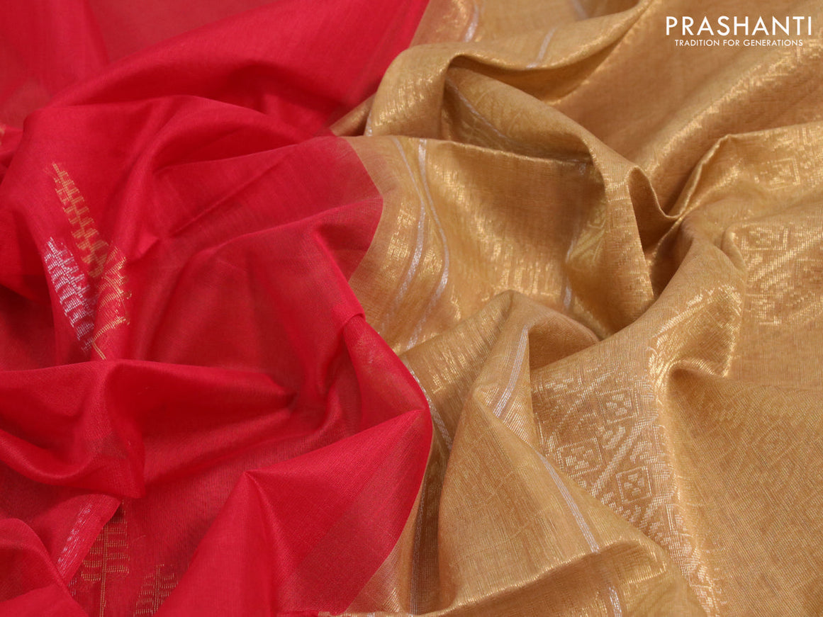Kora silk cotton saree red and sandal with silver & gold zari woven buttas and zari woven border