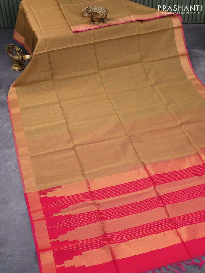 Kora silk cotton saree dark sandal and pink with allover checked pattern and zari woven border