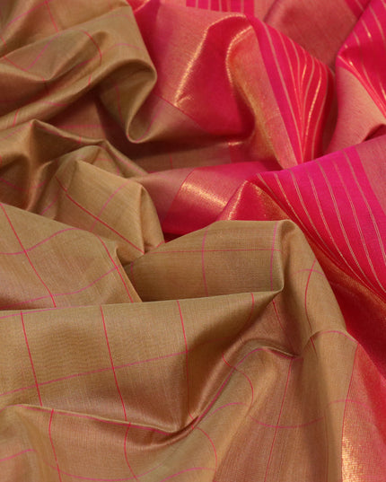Kora silk cotton saree dark sandal and pink with allover checked pattern and zari woven border