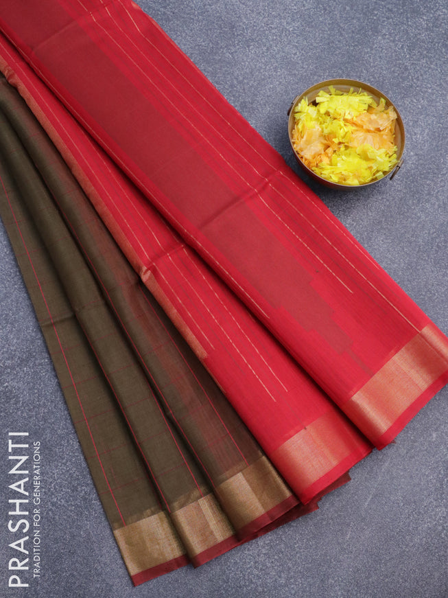 Kora silk cotton saree olive and green with allover checked pattern and zari woven border
