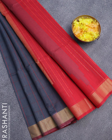 Kora silk cotton saree grey and red with allover checked pattern and zari woven border