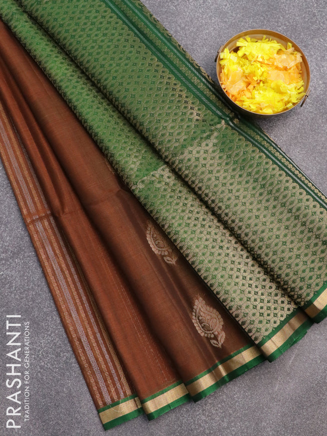 Kora silk cotton saree rust shade and green with zari weaves & zari buttas and small zari woven border