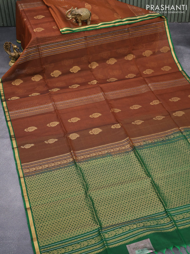 Kora silk cotton saree rust shade and green with zari weaves & zari buttas and small zari woven border