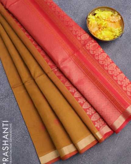Kora silk cotton saree dark mustard and red with thread & zari woven buttas and zari woven border