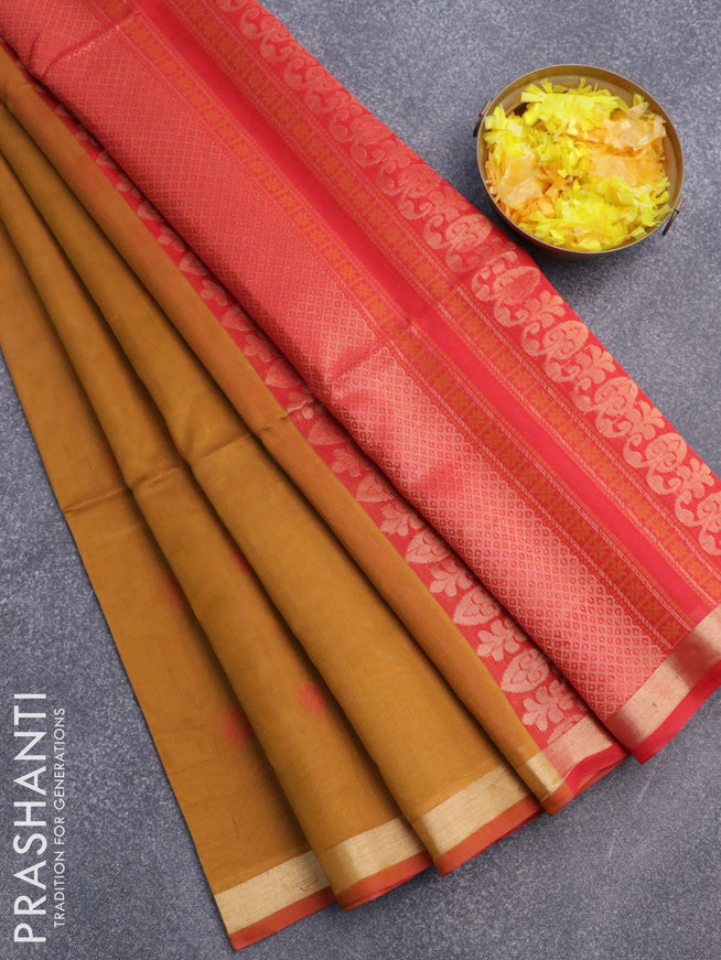 Kora silk cotton saree dark mustard and red with thread & zari woven buttas and zari woven border