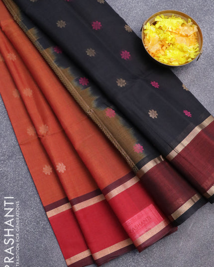 Kora silk cotton saree dual shade of tustic red and black with thread & zari woven buttas and rettapet zari woven border