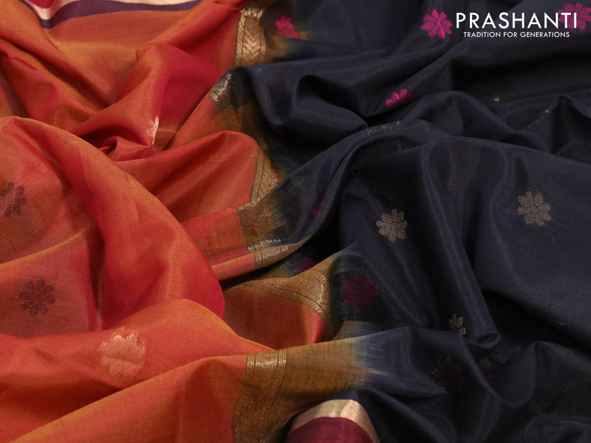 Kora silk cotton saree dual shade of tustic red and black with thread & zari woven buttas and rettapet zari woven border