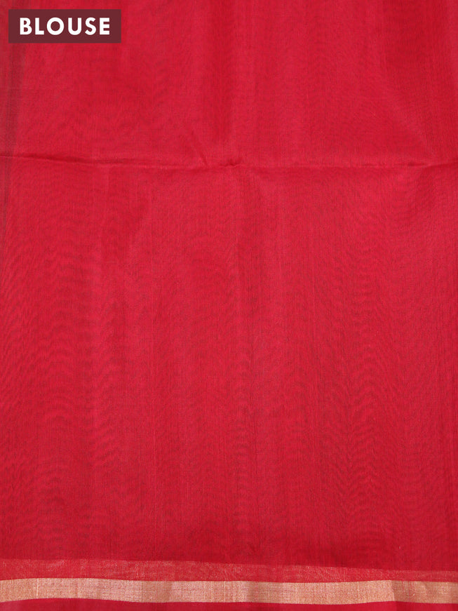 Kora silk cotton saree dark sap green and red with thread & zari woven floral buttas and small zari woven border