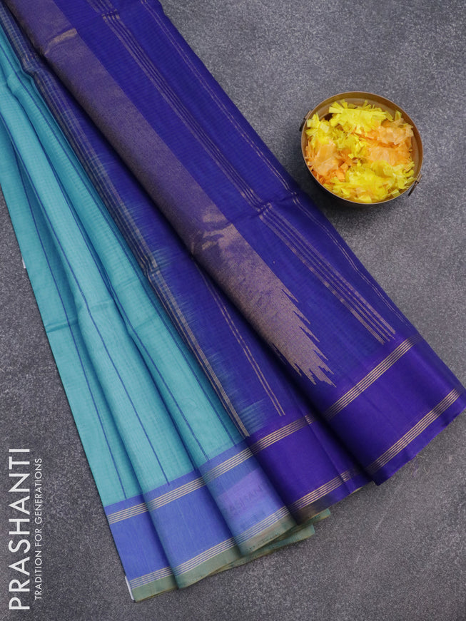 Kora silk cotton saree light blue and royal blue with allover thread weaves and rettapet zari woven border