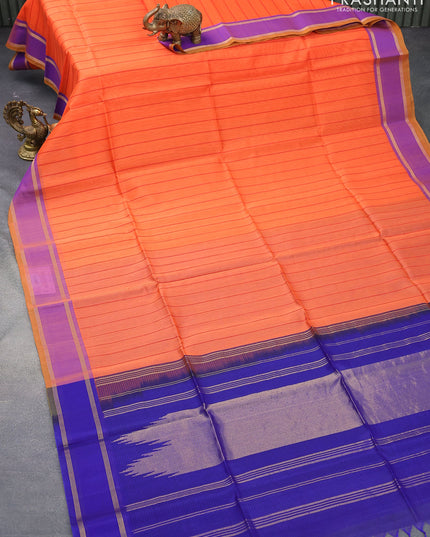 Kora silk cotton saree orange and royal blue with allover thread weaves and rettapet zari woven border