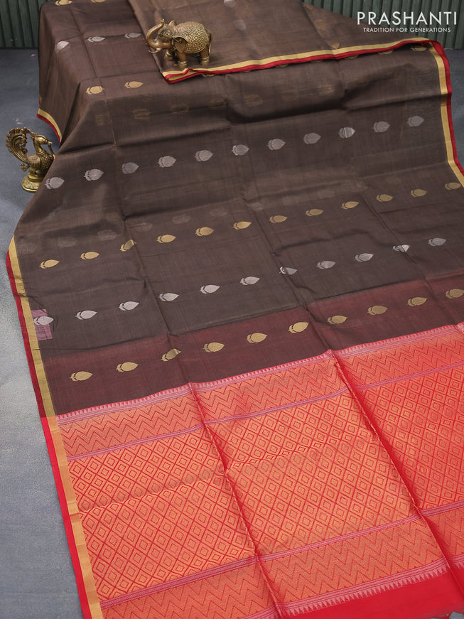 Kora silk cotton saree brown shade and maroon with silver & gold zari woven buttas and small zari woven border