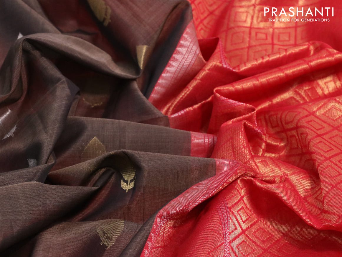 Kora silk cotton saree brown shade and maroon with silver & gold zari woven buttas and small zari woven border