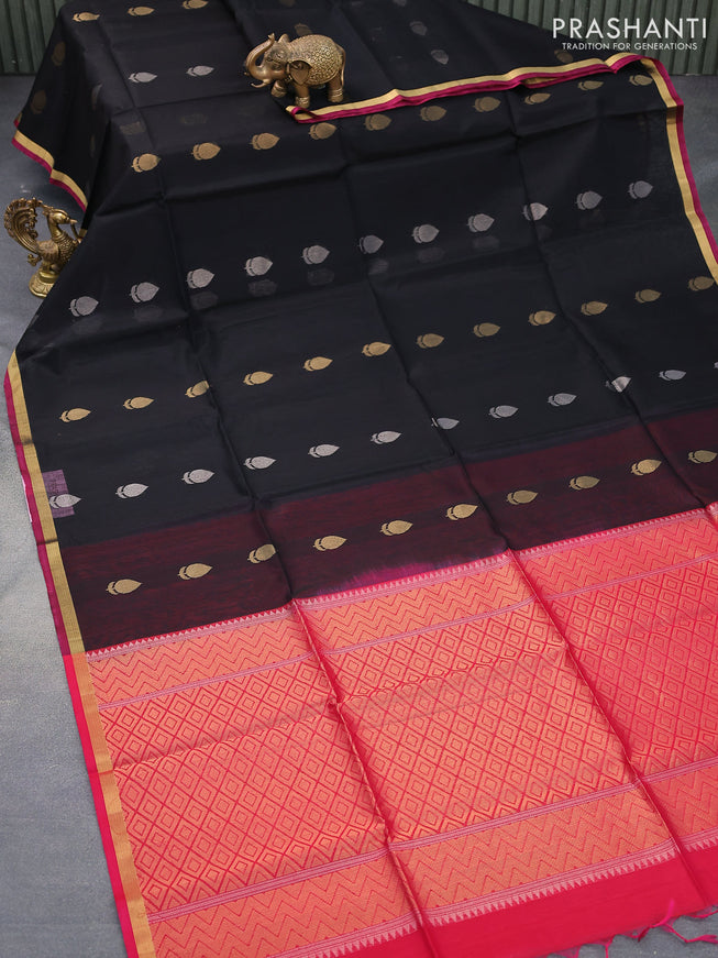 Kora silk cotton saree black and pink with silver & gold zari woven buttas and small zari woven border