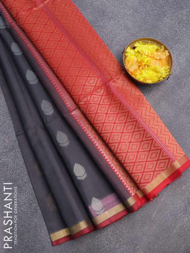 Kora silk cotton saree grey and red with silver & gold zari woven buttas and small zari woven border