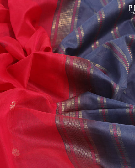 Kora silk cotton saree red and grey with thread & zari woven floral buttas and piping border