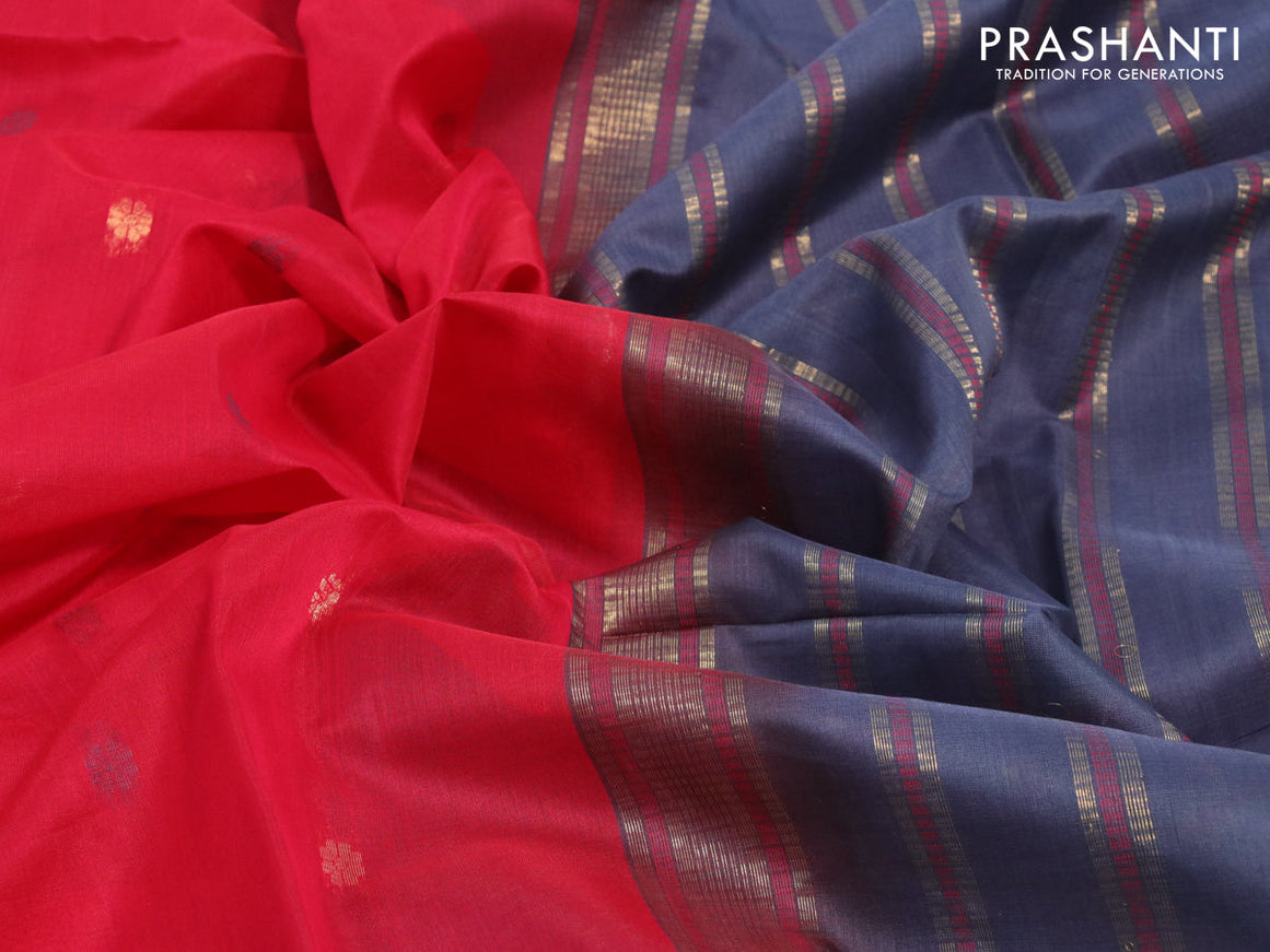 Kora silk cotton saree red and grey with thread & zari woven floral buttas and piping border