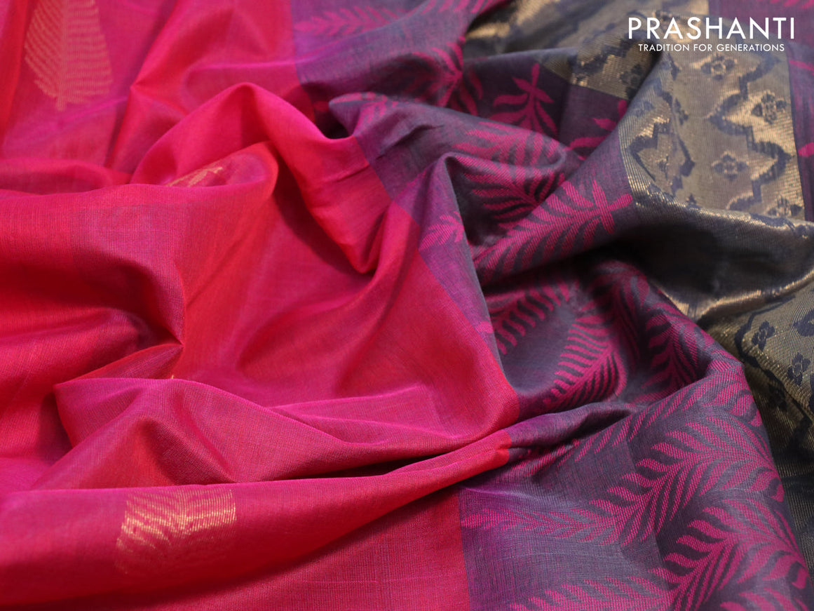 Kora silk cotton saree pink and grey with thread & zari woven buttas and piping border