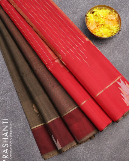 Kora silk cotton saree grey shade and red with plain body and zari woven butta border