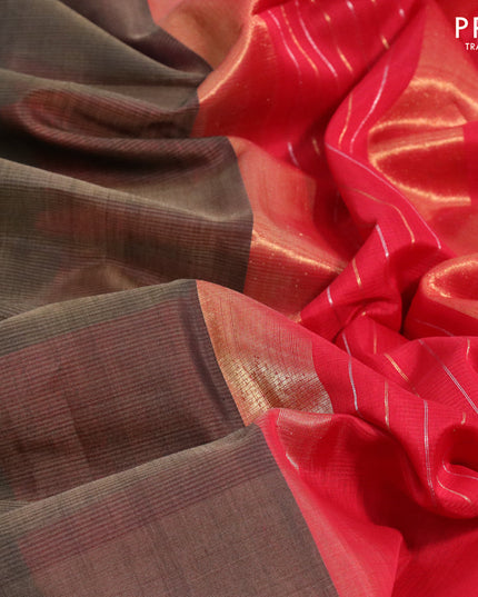 Kora silk cotton saree grey shade and red with plain body and zari woven butta border