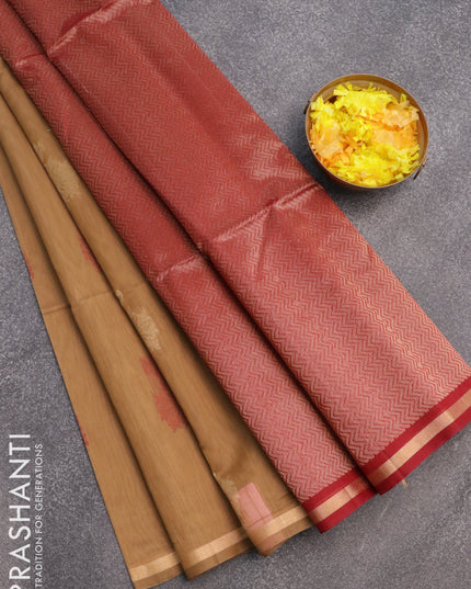 Kora silk cotton saree dark sandal and maroon with thread & zari woven buttas and small zari woven border