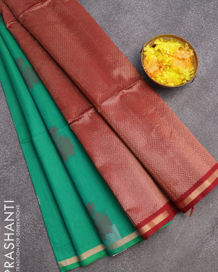 Kora silk cotton saree teal green and maroon with thread & zari woven buttas and small zari woven border