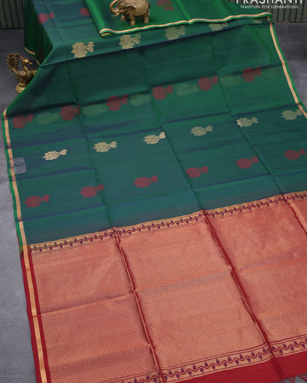 Kora silk cotton saree green and maroon with thread & zari woven buttas and small zari woven border
