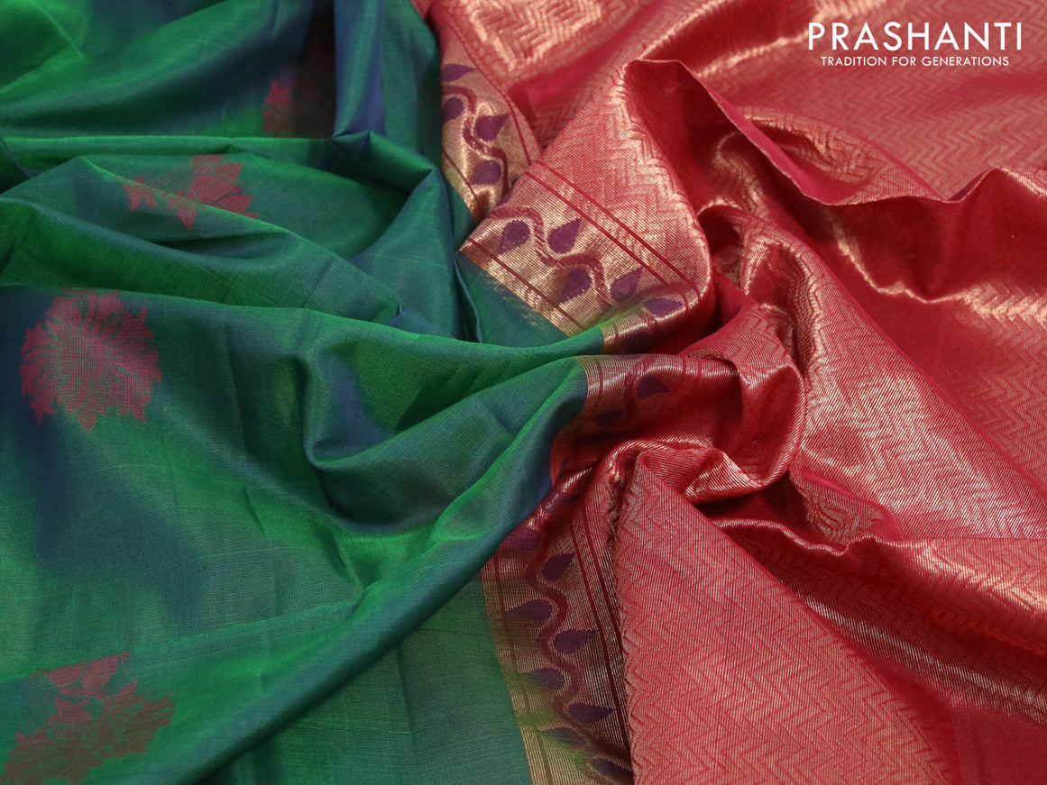Kora silk cotton saree green and maroon with thread & zari woven buttas and small zari woven border