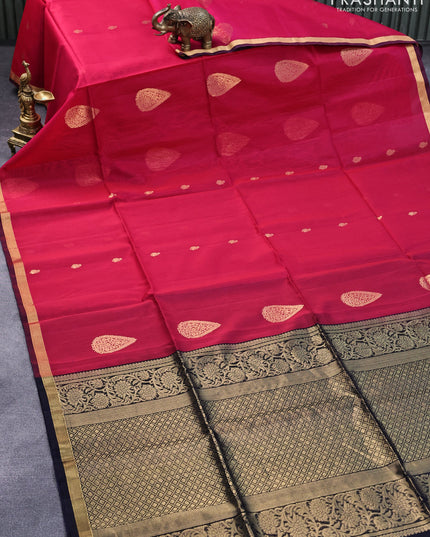 Kora silk cotton saree pink and navy blue with allover zari woven buttas and small zari woven border