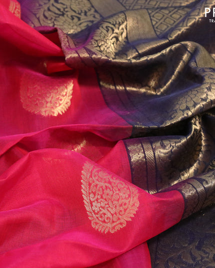 Kora silk cotton saree pink and navy blue with allover zari woven buttas and small zari woven border