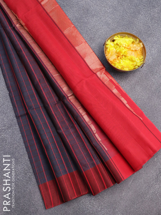 Kora silk cotton saree drak grey and red with allover checked pattern and simple border
