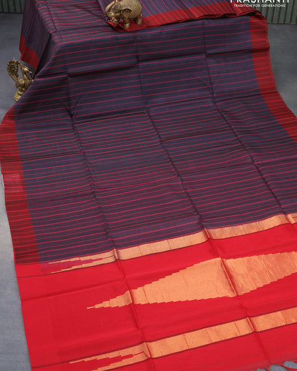 Kora silk cotton saree drak grey and red with allover checked pattern and simple border