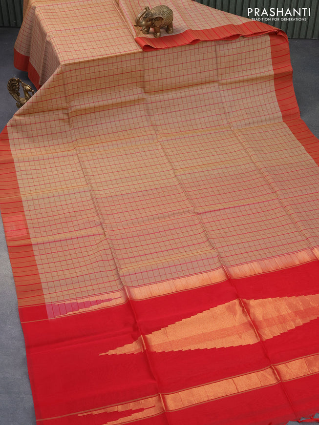 Kora silk cotton saree beige and red with allover checked pattern and simple border
