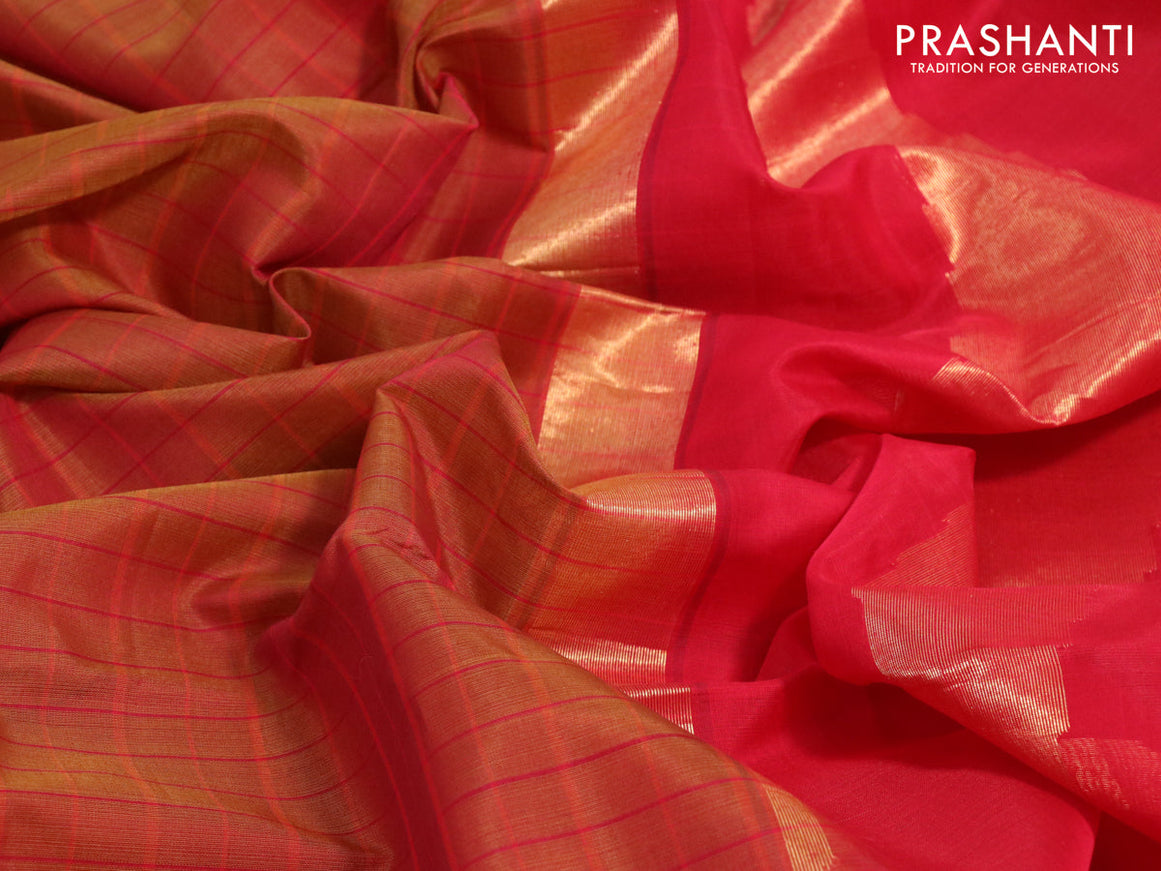 Kora silk cotton saree dual shade of rust and red with allover checked pattern and simple border