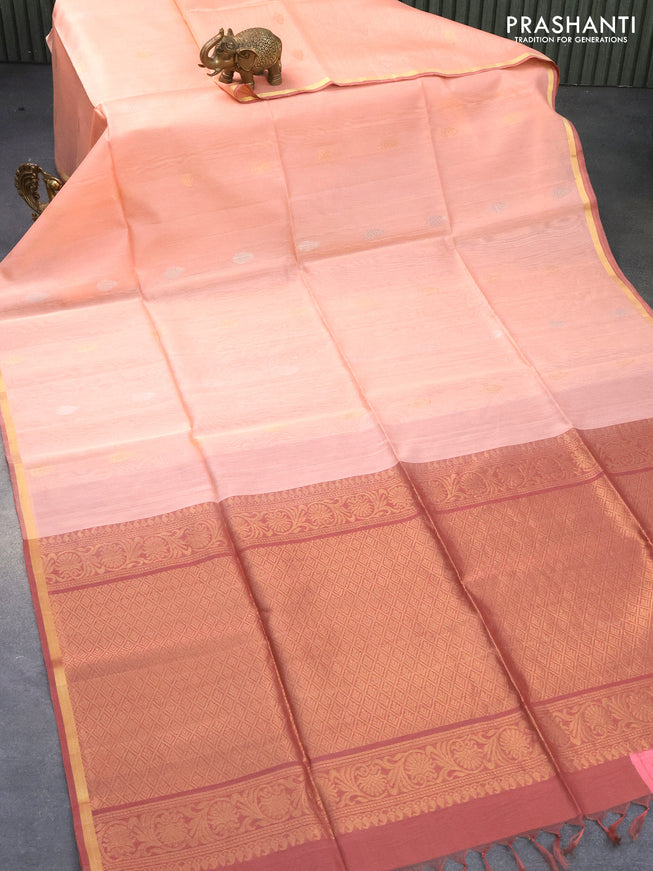 Kora silk cotton saree peach shade and pastel maroon with silver & gold zari woven leaf buttas and zari woven piping border