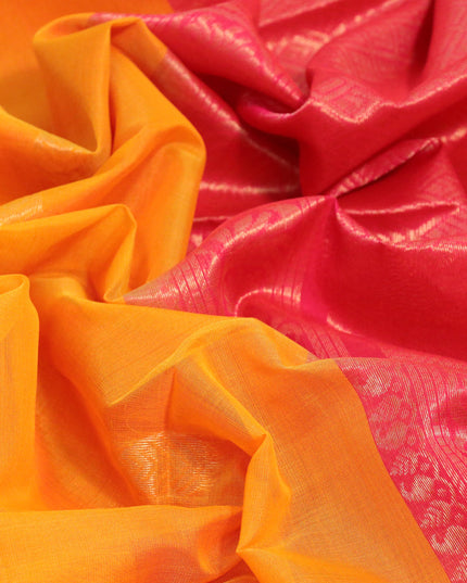 Kora silk cotton saree mango yellow and dual shade of pink with silver & gold zari woven leaf buttas and zari woven piping border